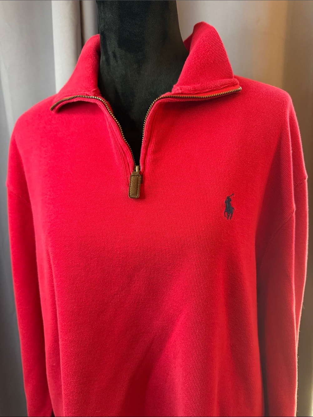 Ralph Lauren Men’s Bright Red Quarter-Zip Sweater with Navy Polo Logo